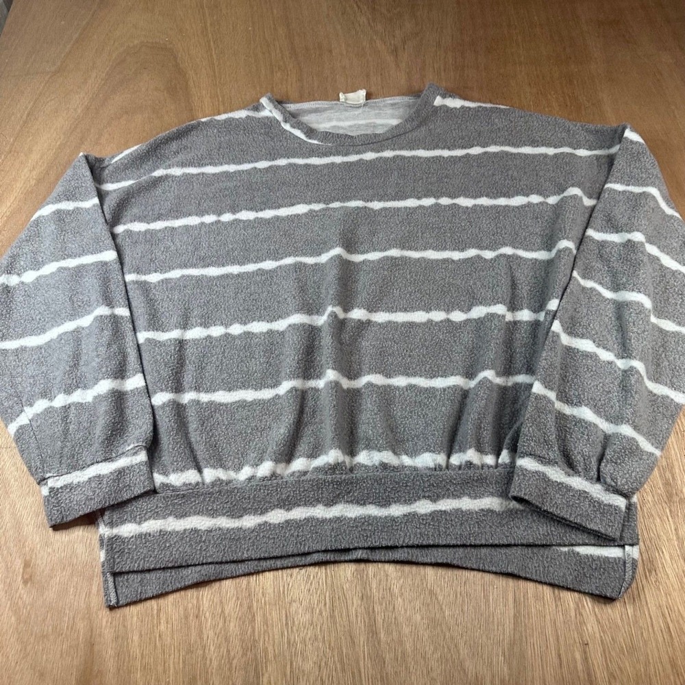 Fantastic Fawn Gray Striped Fleece Pullover Sweatshirt Womens Oversized Size XL